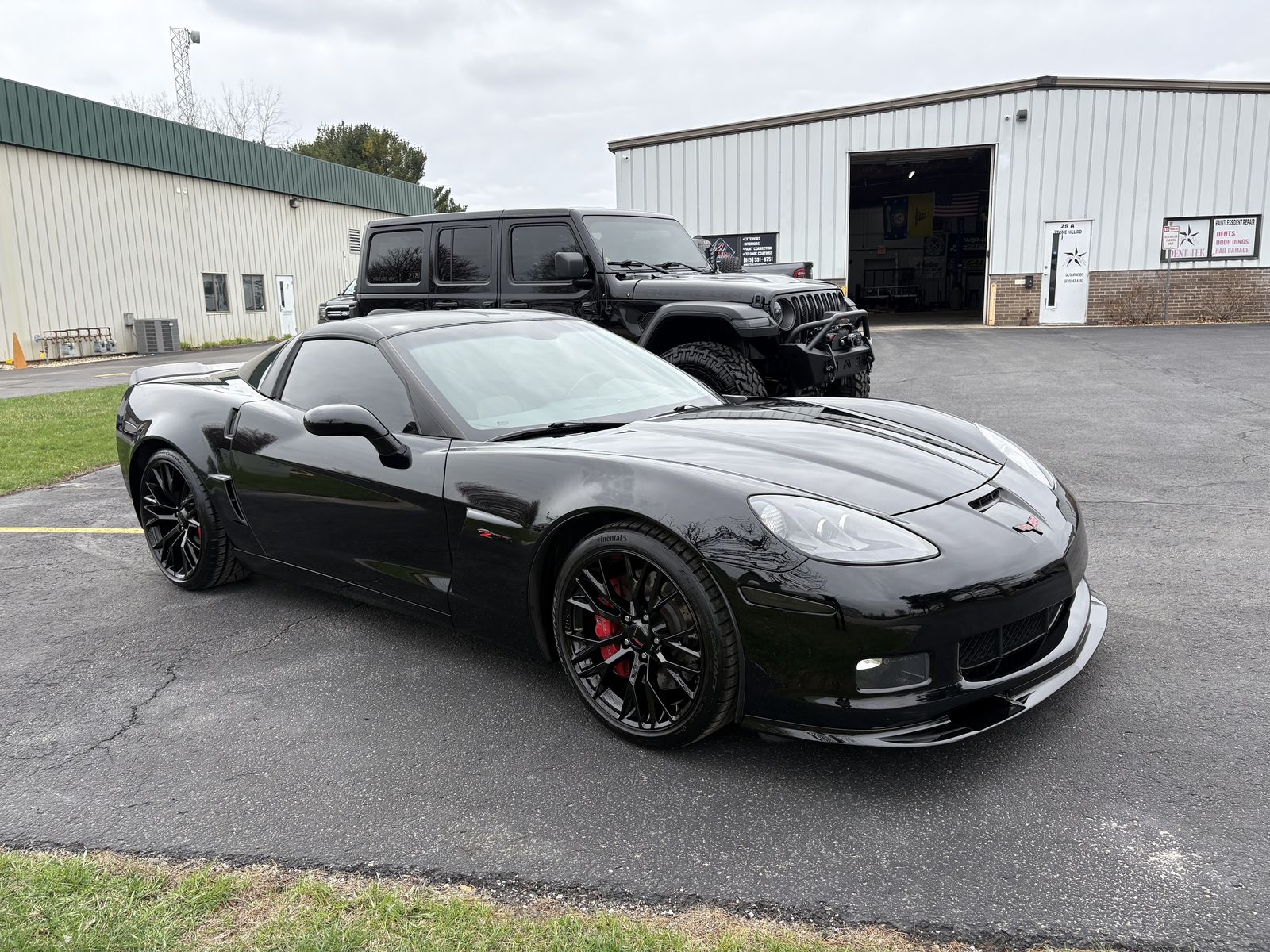 Black Corvette front end after detailing at 630 Detailing in Oswego